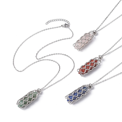 Natural Mixed Gemstone Bullet Pendant Necklaces, 304 Stainless Steel Chains Macrame Pouch Necklace