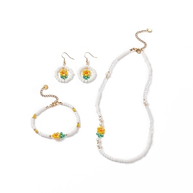 Fleur de verre et coquillage perlé boucles d'oreilles bracelet collier, ensemble de bijoux en laiton floral pour fille femme