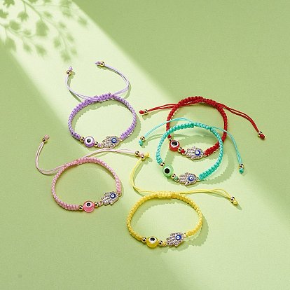 Evil Eye Resin Bead & Starfish Alloy Rhinestone Braided Beaded Bracelets for Girl Women, Adjustable Nylon Threads Cord Bracelet, Golden