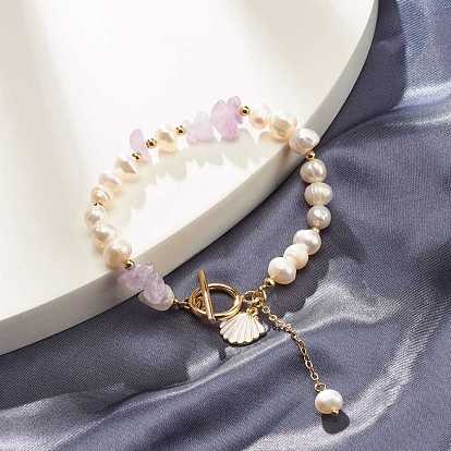 Natural Stone Chip Beaded Bracelet, Natural Pearl Bracelet, Shell Shape and Chain Tassel Charm Bracelet for Women, Golden