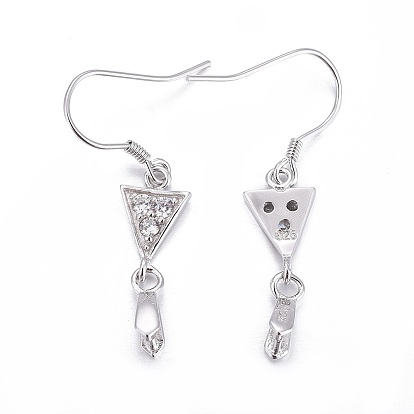 925 Sterling Silver Earring Findings, with Micro Pave Cubic Zirconia, Bar Links and Ice Pick Pinch Bail, Triangle, with 925 Stamp