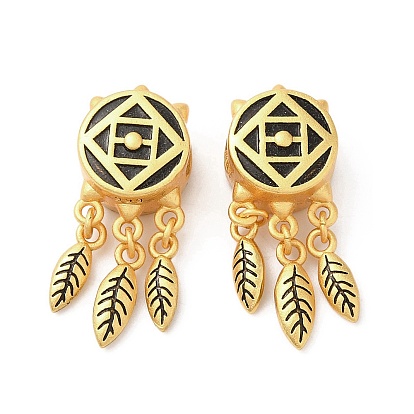 Rack Plating Brass European Beads, Large Hole Beads, Long-Lasting Plated, Matte Style, Flat Round with Feather