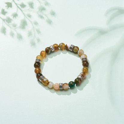 Natural Striped Agate Round Beaded Stretch Bracelet, Gemstone Jewelry for Women