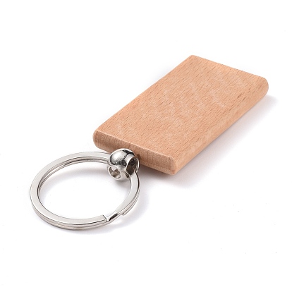 Natural Wood Keychain, with Platinum Plated Iron Split Key Rings, Rectangle