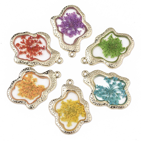 Epoxy Resin Pendants, with Dried Flower Inside and Light Gold Plated Alloy Open Back Bezel, Nuggets