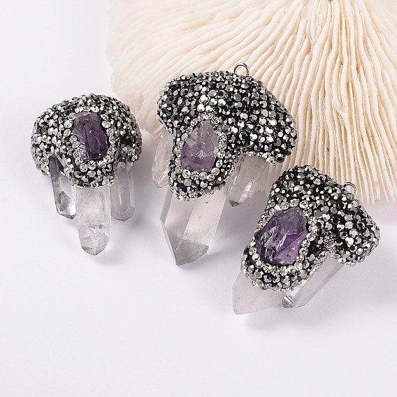 Nuggets Natural Crystal & Amethyst Pendants, with Polymer Clay Rhinestones and Platinum Tone Brass Findings