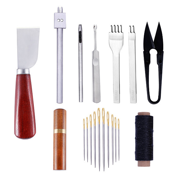 DIY Leathercraft Tools, Including Carbon Steel Knife, 2 & 4 Prong Lacing Stitching Punch, Round Hole Punch, Stitching Groover, Scissor, Sandalwood Handle, Needles, Waxed Thread