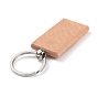 Porte-clés en bois naturel, avec porte-clés fendus en fer plaqué platine, rectangle