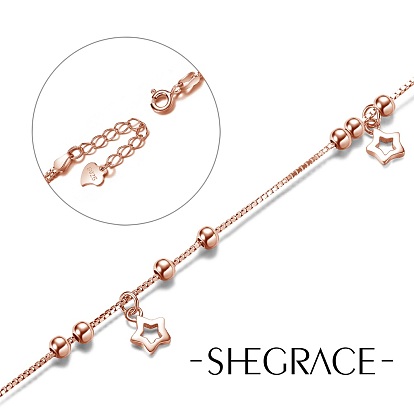 SHEGRACE 925 Sterling Silver Charm Anklet, with Box Chains and Round Beads, Star(Chain Extenders Random Style)