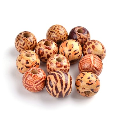 Perles rondes en bois d'érable naturel imprimées, perles macramé grand trou, 16x15mm, Trou: 5mm, environ830 pcs / 1000 g