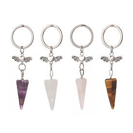 Cone Natural Gemstone Keychains, with Alloy Wing Beads and 304 Stainless Steel Findings
