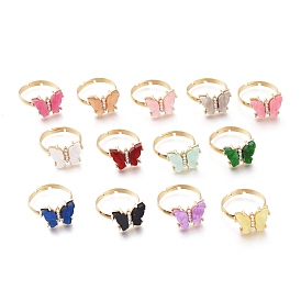 Adjustable Brass Micro Pave Clear Cubic Zirconia Finger Rings, with Resin, Long-Lasting Plated, Butterfly, Golden