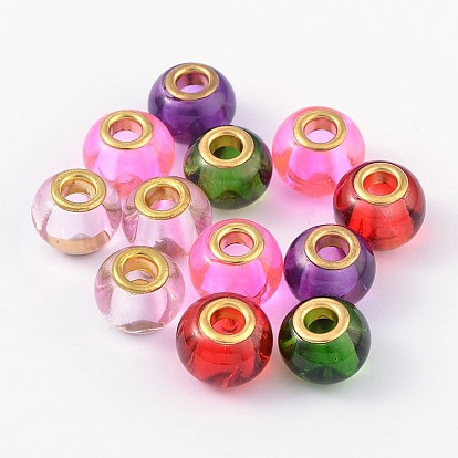 Glass European Beads, with Golden Brass Cores, Large Hole Beads, Rondelle, 15x12mm, Hole: 5mm