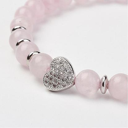 Natural Rose Quartz Stretch Bracelets, with Brass Micro Pave Cubic Zirconia Beads, Heart