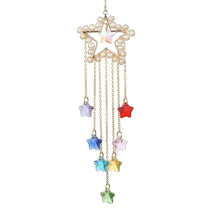 Anillo de perlas naturales envuelto en alambre/decoraciones colgantes de corazón/estrella/luna, Adornos para colgar en la ventana con forma de estrella de cristal y accesorios de latón, atrapasueños