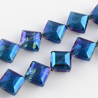 Transparent Electroplate Faceted Glass Beads Strands, Square, 17x17x7.5mm, Hole: 2mm, about 40pcs/strand, 25.1 inch