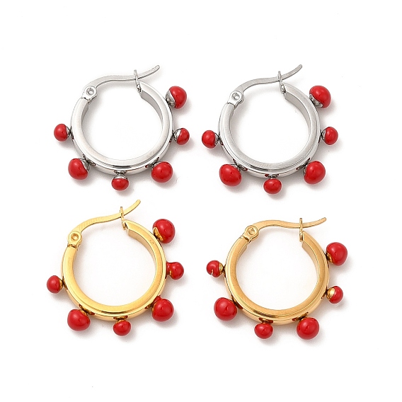 Aretes de aro con cuentas redondas de esmalte rojo, 304 joyas de acero inoxidable para mujer