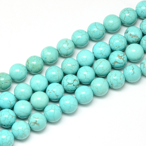 Perles synthétiques turquoise brins, teint, ronde