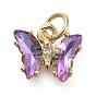 Brass Micro Pave Clear Cubic Zirconia Pendant, with Glass, Butterfly, Golden