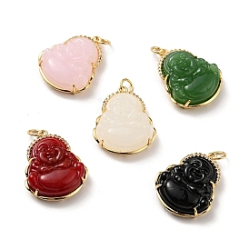 Natural Dyed Jade Pendants, with Rack Plating Real 18K Gold Plated Brass Findings and Jump Ring, Laughing Buddha, Cadmium Free & Nickel Free & Lead Free