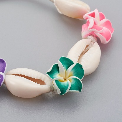Bracelets de cheville / bracelets cauris, avec perles d'argile polymère de couleur aléatoire 3d fleur de plumeria et cordon de coton ciré