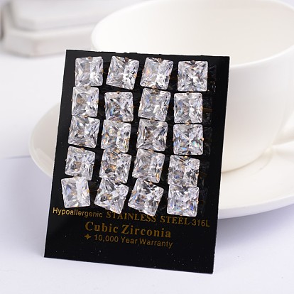 Square Cubic Zirconia Stud Earrings, with Golden Plated 304 Stainless Steel Pins