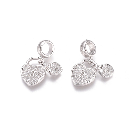 Brass Micro Pave Cubic Zirconia European Dangle Charms, Large Hole Pendants, Heart Lock, Clear