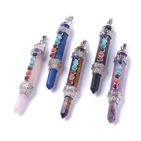 Chakra Jewelry, Natural Gemstone Pendants, with Brass Findings and Natural & Synthetic Mixed Stone, Hexagonal Prisms