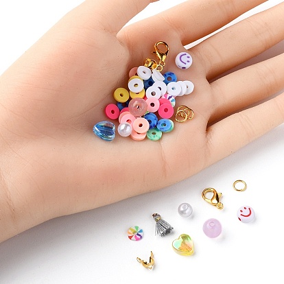 Kit de fabricación de collar de pulsera heishi diy, Incluye disco de arcilla polimérica, cara sonriente acrílica y cuentas de perlas de plástico., decoraciones colgantes borla
