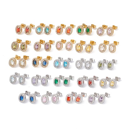 Boucles d'oreilles clous ovales zircone cubique et strass, 304 bijoux en acier inoxydable pour femmes