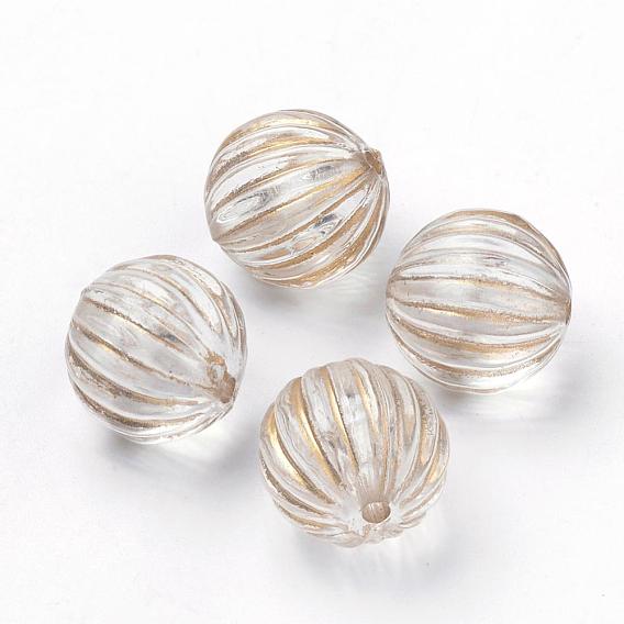 Plating Transparent Acrylic Beads, Golden Metal Enlaced, Corrugated Round