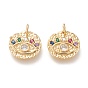 Brass Micro Pave Clear Cubic Zirconia Charms, with Jump Rings, Long-Lasting Plated, Flat Round with Horse Eye, Colorful