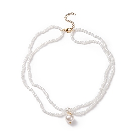 Collier double couche avec pendentif en perles rondes et graines de verre pour femmes