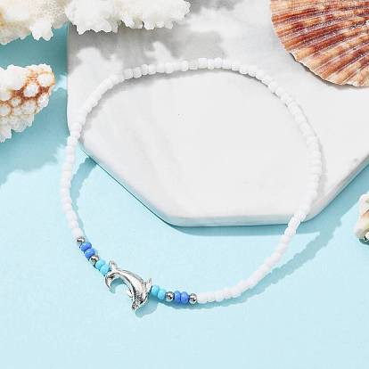 Bracelet de cheville extensible en perles de dauphin et de graines en alliage de style tibétain pour femmes