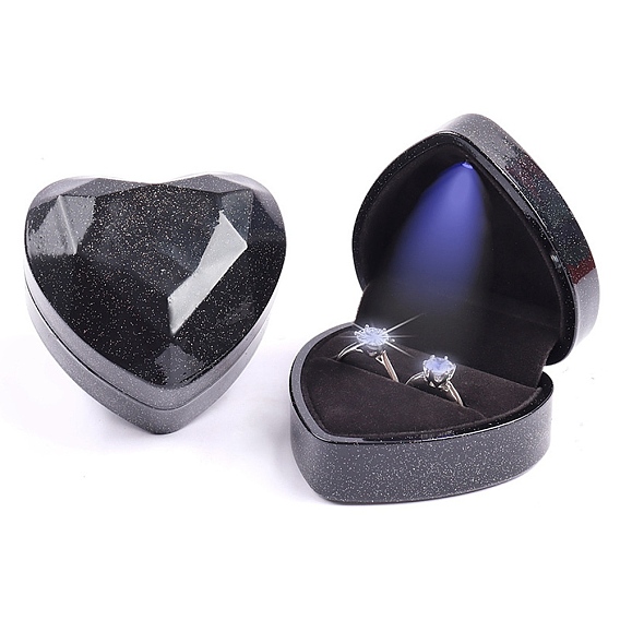 Boîtes de rangement pour bagues de couple en plastique en forme de cœur à paillettes, coffret cadeau pour bague à bijoux avec intérieur en velours et lumière LED