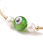 Gemstone & Evil Eye Lampwork & Natural Pearl Beaded Bangle, Brass Torque Bangle for Women, Golden