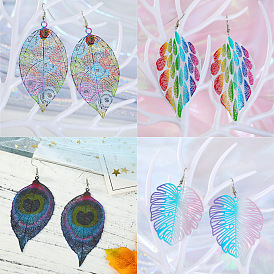 Colorful Leaf Iron Hook Earrings with Printed Hollow Pendant Dangles