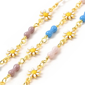 Brass Daisy Flower Link Chains, with Enamel Gourd Beaded, Real 18K Gold Plated, Soldered, with Spools, Long-Lasting Plated