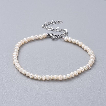 Natural Freshwater Pearl Beads Bracelets, with 304 Stainless Steel Extender Chains and Burlap Packing Pouches Drawstring Bags