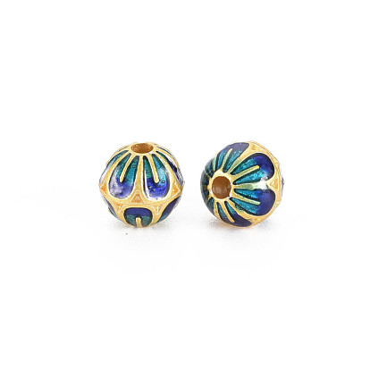 Rack Plating Alloy Enamel Beads, Long-Lasting Plated, Matte Style, Cadmium Free & Nickel Free & Lead Free, Round with Flower
