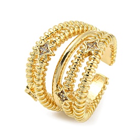 Rack Plating Brass Multi Lines Open Cuff Ring, Cubic Zirconia Star Finger Ring, Cadmium Free & Lead Free