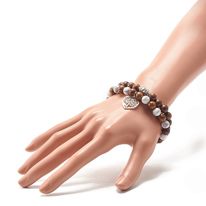 Ensembles de bracelets extensibles en perles de bois et d'howlite synthétique, 3d bracelets empilables de charme de tête de bouddha et de coeur d'alliage pour des femmes