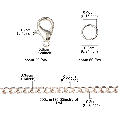 Kit de fabrication de collier de bracelet de chaîne de bricolage, y compris gourmettes en fer et anneaux de saut, Fermoir mousqueton, fermoirs de homard en alliage de zinc 