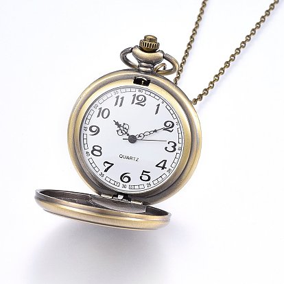 Сплав ожерелье кварцевые карманные часы, железные цепочки и карабин-лобстеры , плоские круглые с черепом