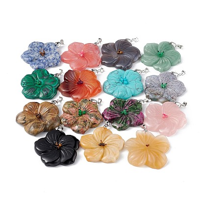 Gemstone grands pendentifs, charmes de fleur de pêcher, avec bélières en alliage plaqué platine