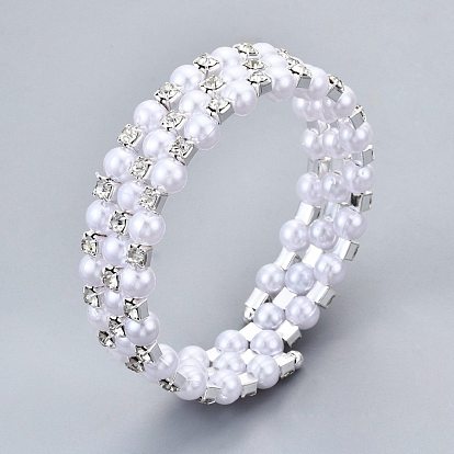 Bracelets en fer à trois boucles, avec strass et abs en plastique imitation perle, platine