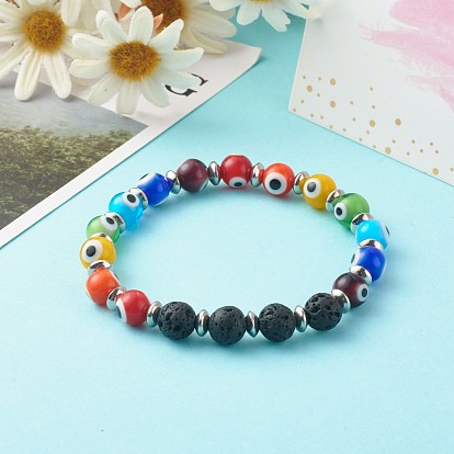 Handmade Evil Eye Lampwork Beaded Stretch Bracelets, with Natural Lava Rock Beads and 304 Stainless Steel Beads