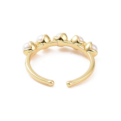 Brass Flower Open Rings, Plastic Imitation Pearl Cuff Rings for Women