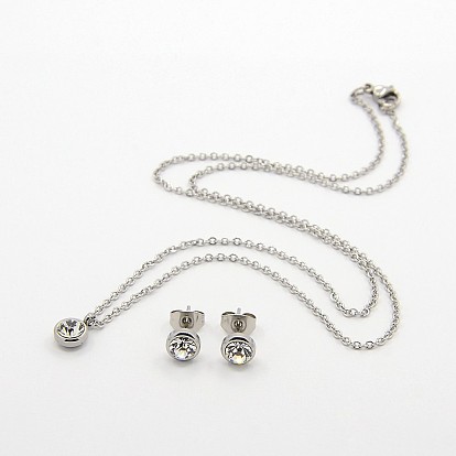304 Stainless Steel Rhinestone Flat Round Jewelry Sets, Ear studs and Necklaces, with Lobster Claw Clasps, 17.7 inch, Pin: 0.7mm