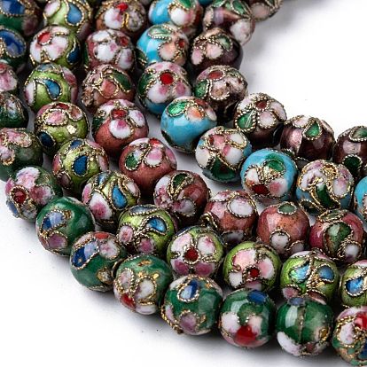 Vintage Handmade Flower Pattern Cloisonne Round Bead Strands, 8mm, Hole: 1mm, about 15.7 inch, 50pcs/strand